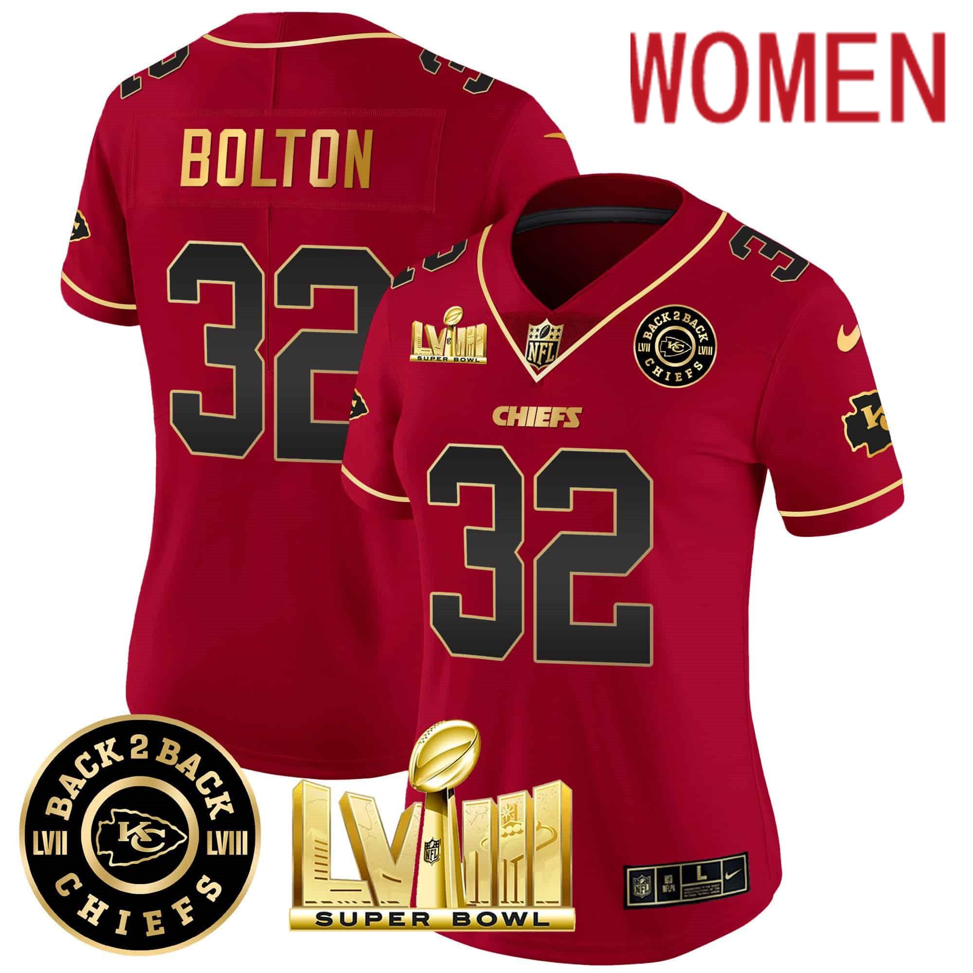 Women Kansas City Chiefs #32 Bolton Red 2024 Nike Super Bowl LVIII & Back-2-Back Patch Vapor NFL Jersey style 2